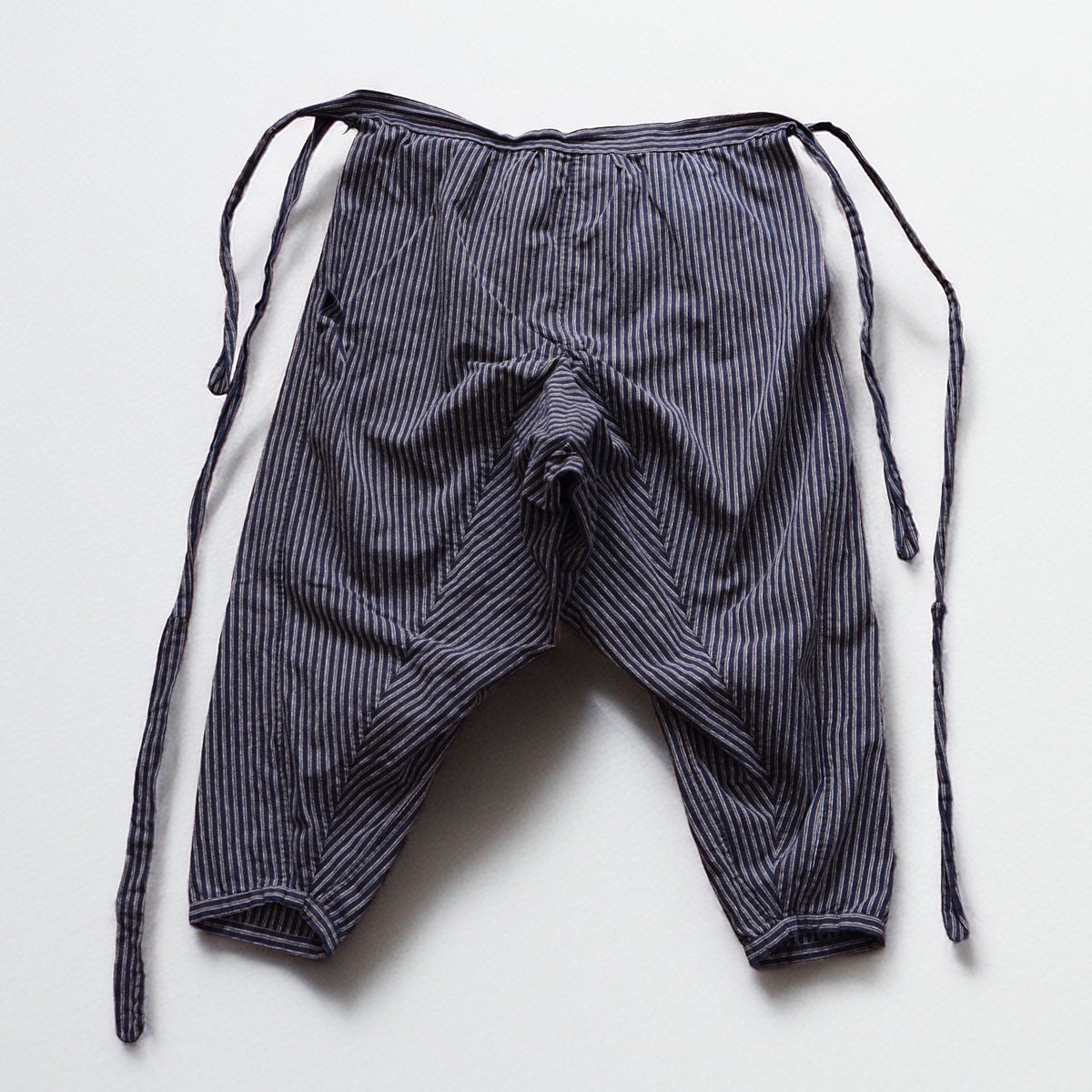 Striped cotton monpe pants with crotch gusset and fabric ties