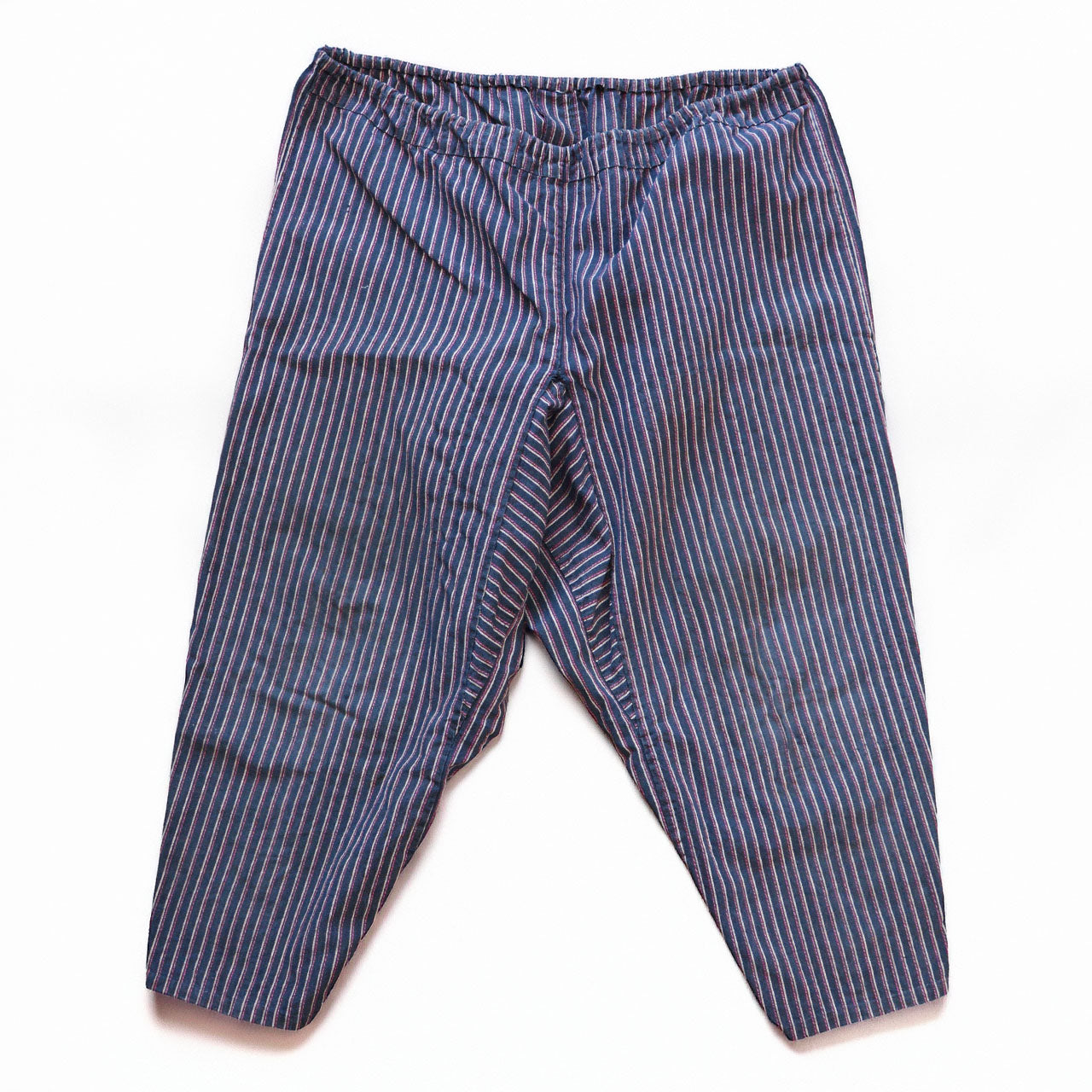Vintage Japanese monpe pants, front view, flat lay, mid-Showa era cotton with vertical stripes