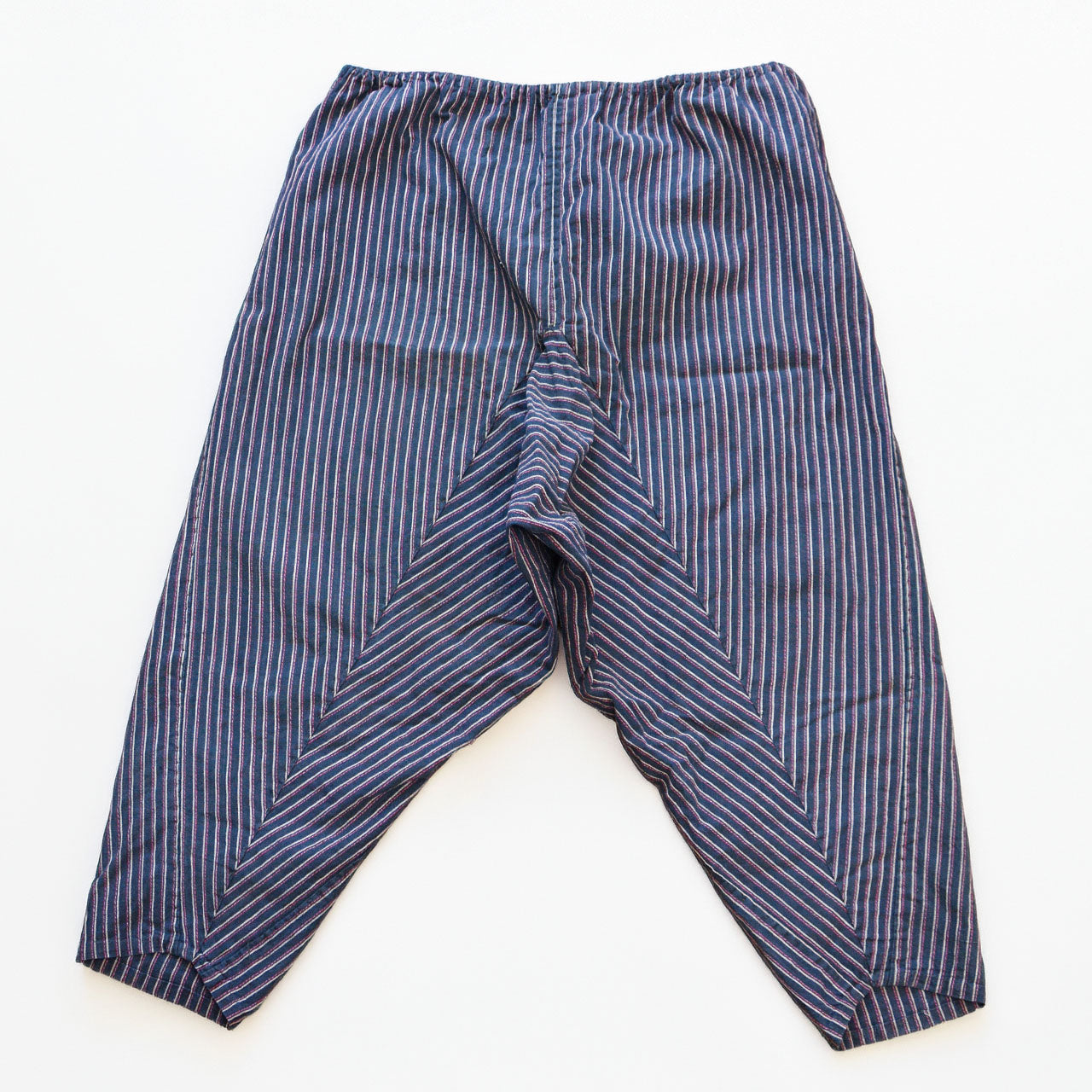 Vintage Japanese monpe pants, back view, flat lay, mid-Showa era striped cotton