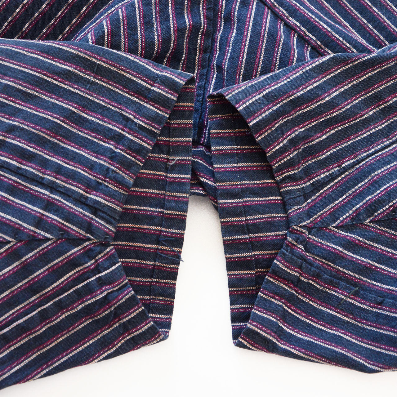 Hem opening of vintage Japanese monpe pants, tapered leg, striped cotton