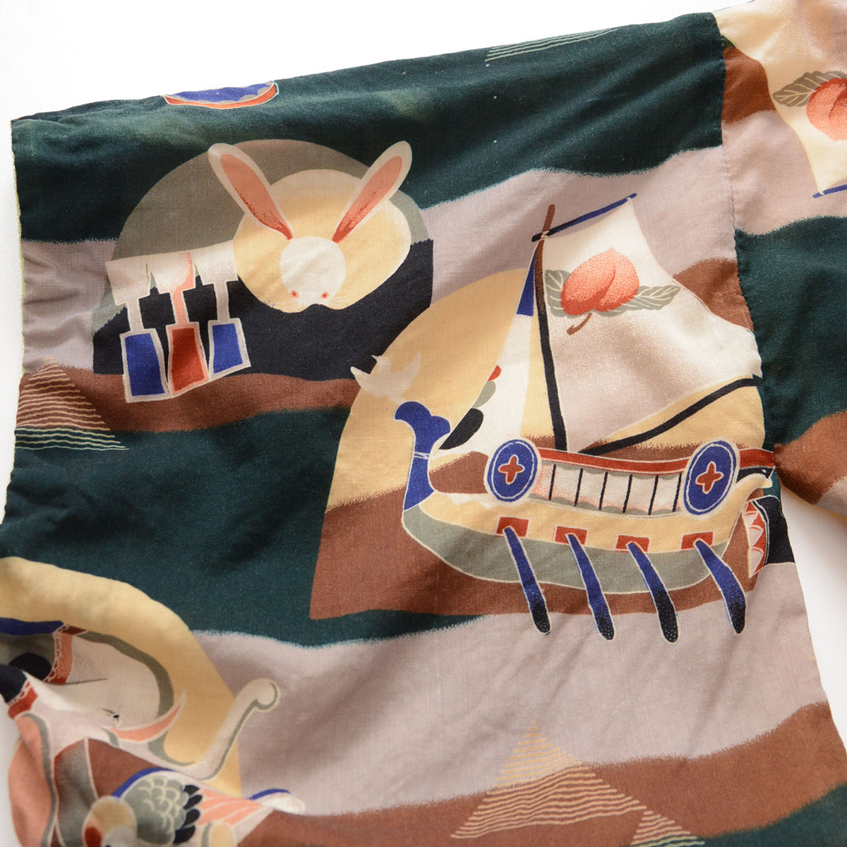 Moon rabbit and sailing boat with a peach motif on its sail, printed on a Japanese vintage nagajuban kimono
