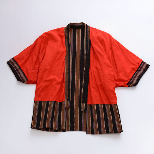 Showa-era cotton noragi with vivid red lining and black multicolored striped fabric