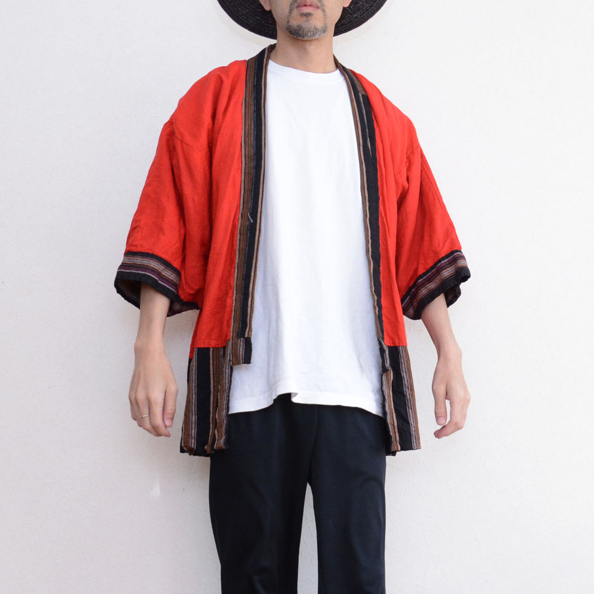 Vintage noragi with vivid red lining, striped cotton edges and white T-shirt