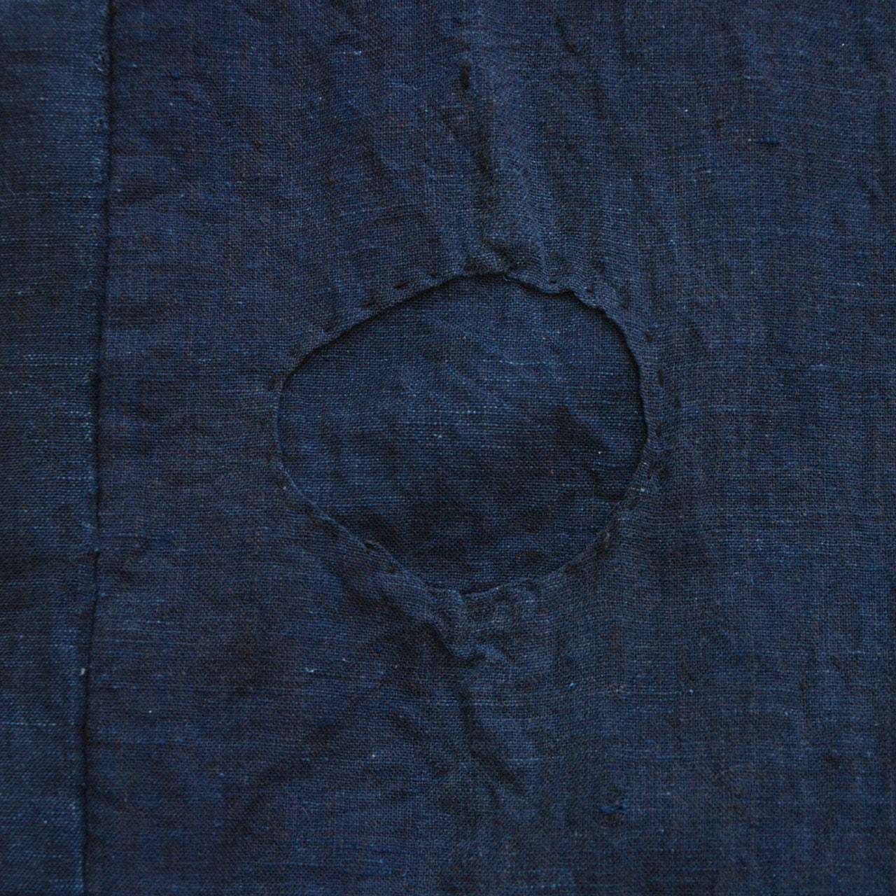 Boro noragi jacket, indigo-dyed cotton lining, circular boro repair patch, hand-stitched mending on aged cotton, pre-WWII Japan vintage, Tohoku