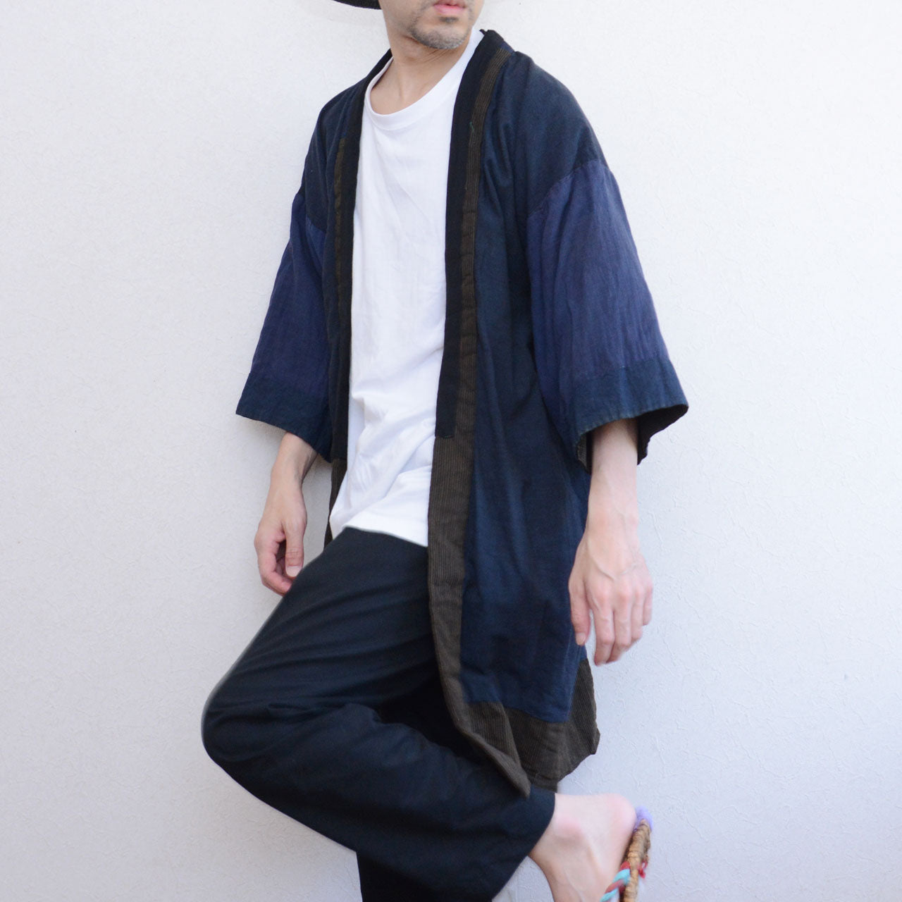Boro noragi jacket, indigo-dyed cotton outer, worn open over white tee and dark trousers, Japan vintage styling, pre-WWII Tohoku