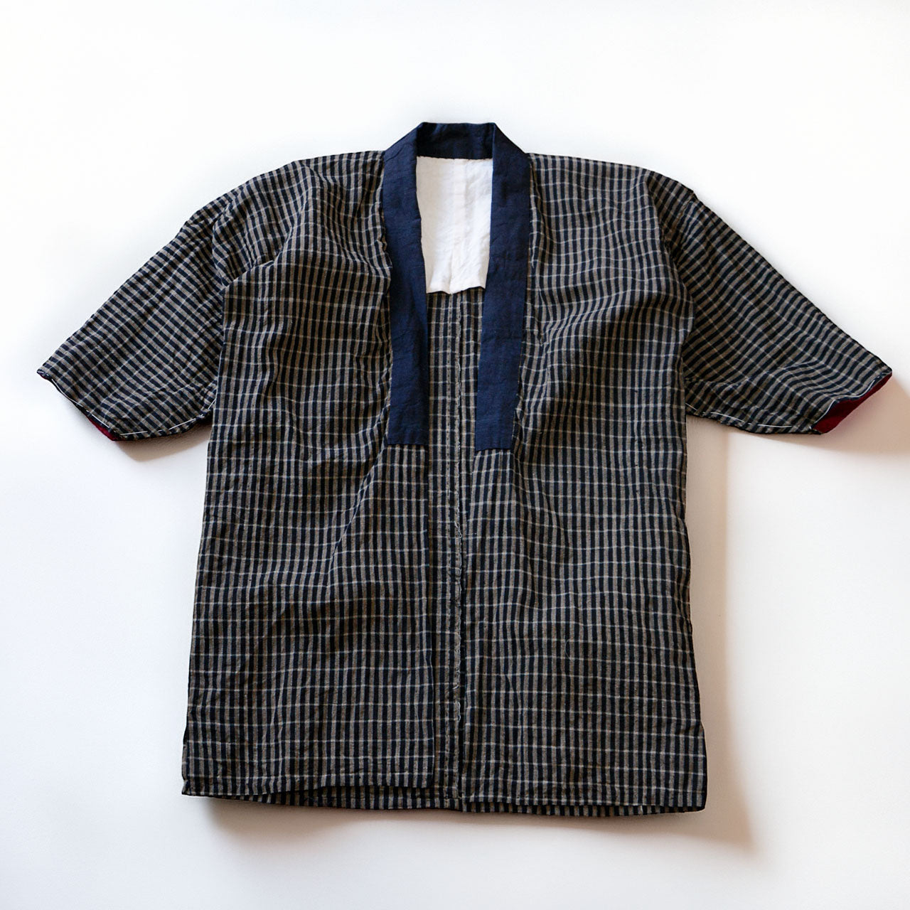 Vintage Japanese noragi, cotton, rare plaid weave, indigo-dyed collar, mid-Showa era