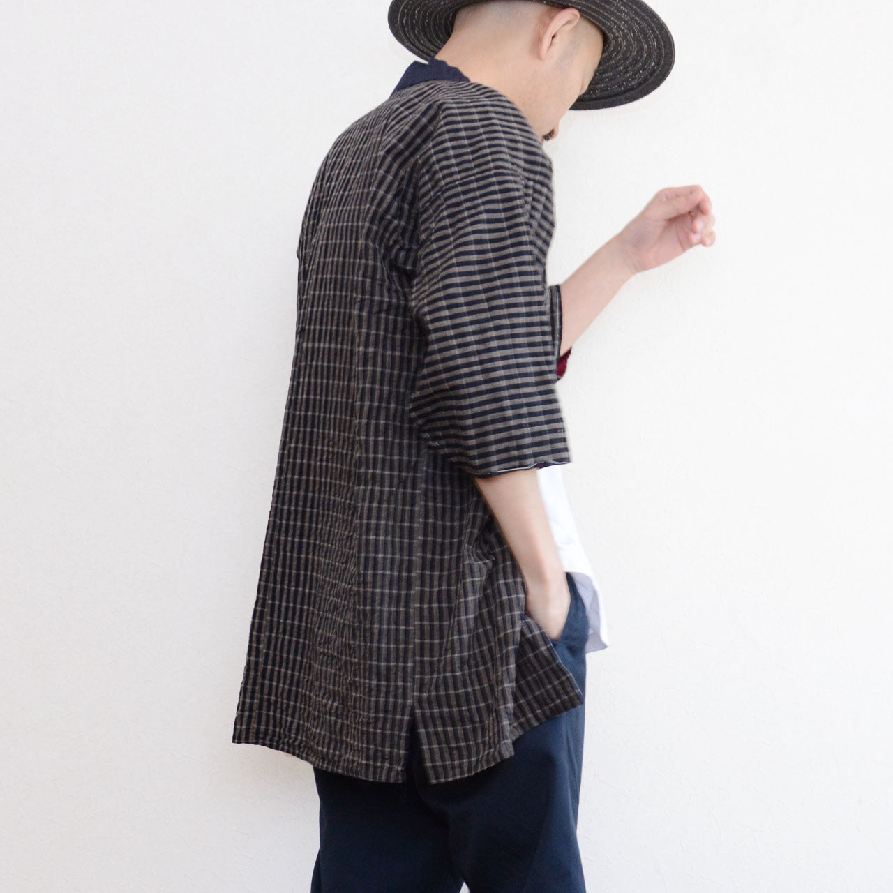 Japanese vintage noragi, cotton plaid pattern, indigo collar, slow fashion collectible