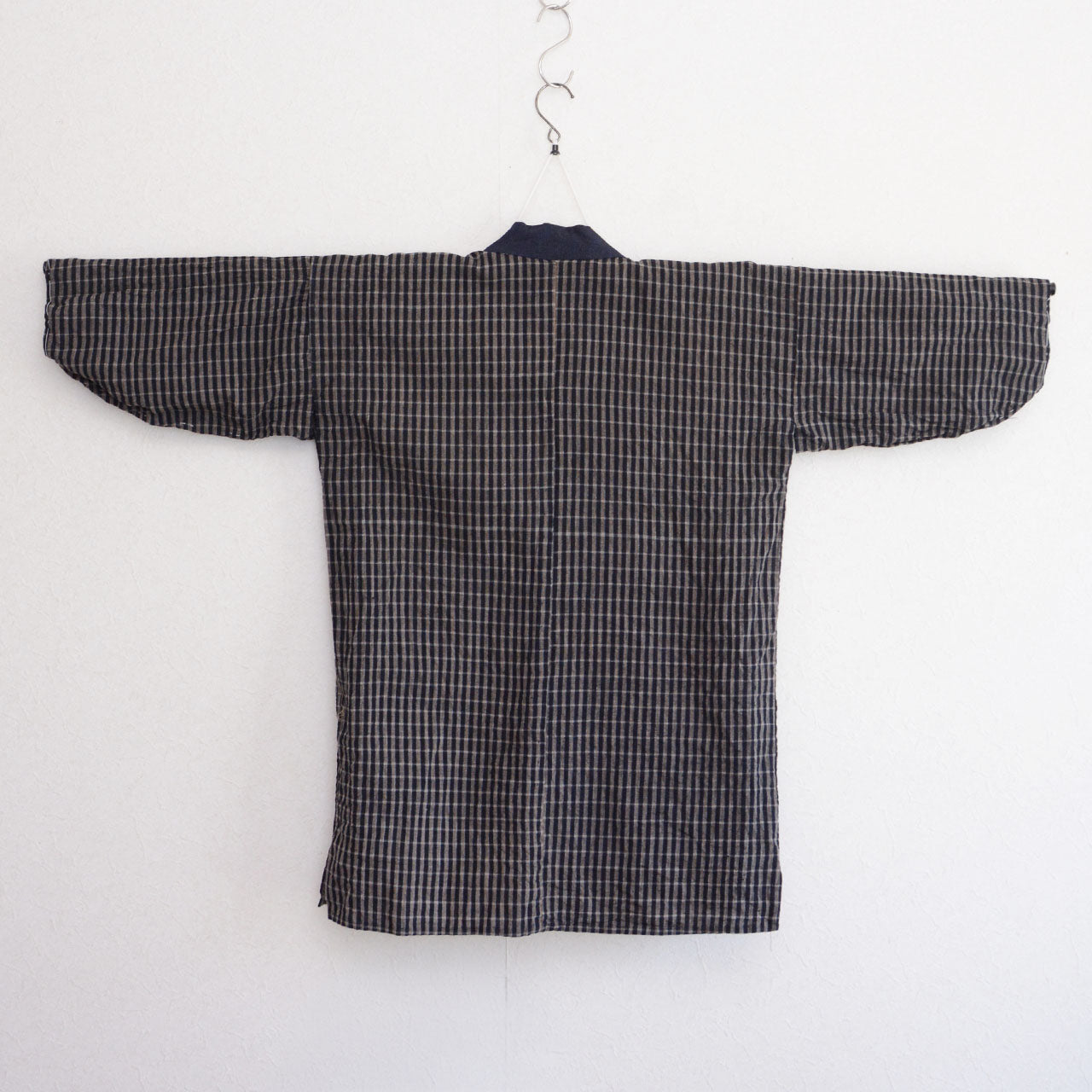 Japan vintage noragi, rare check pattern cotton, indigo collar, Tohoku provenance