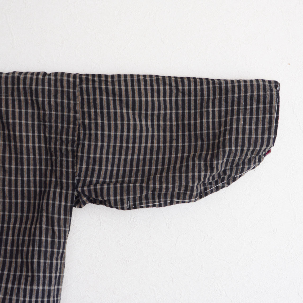 Antique Japanese noragi, cotton plaid weave, deep indigo collar, hand-sewn construction