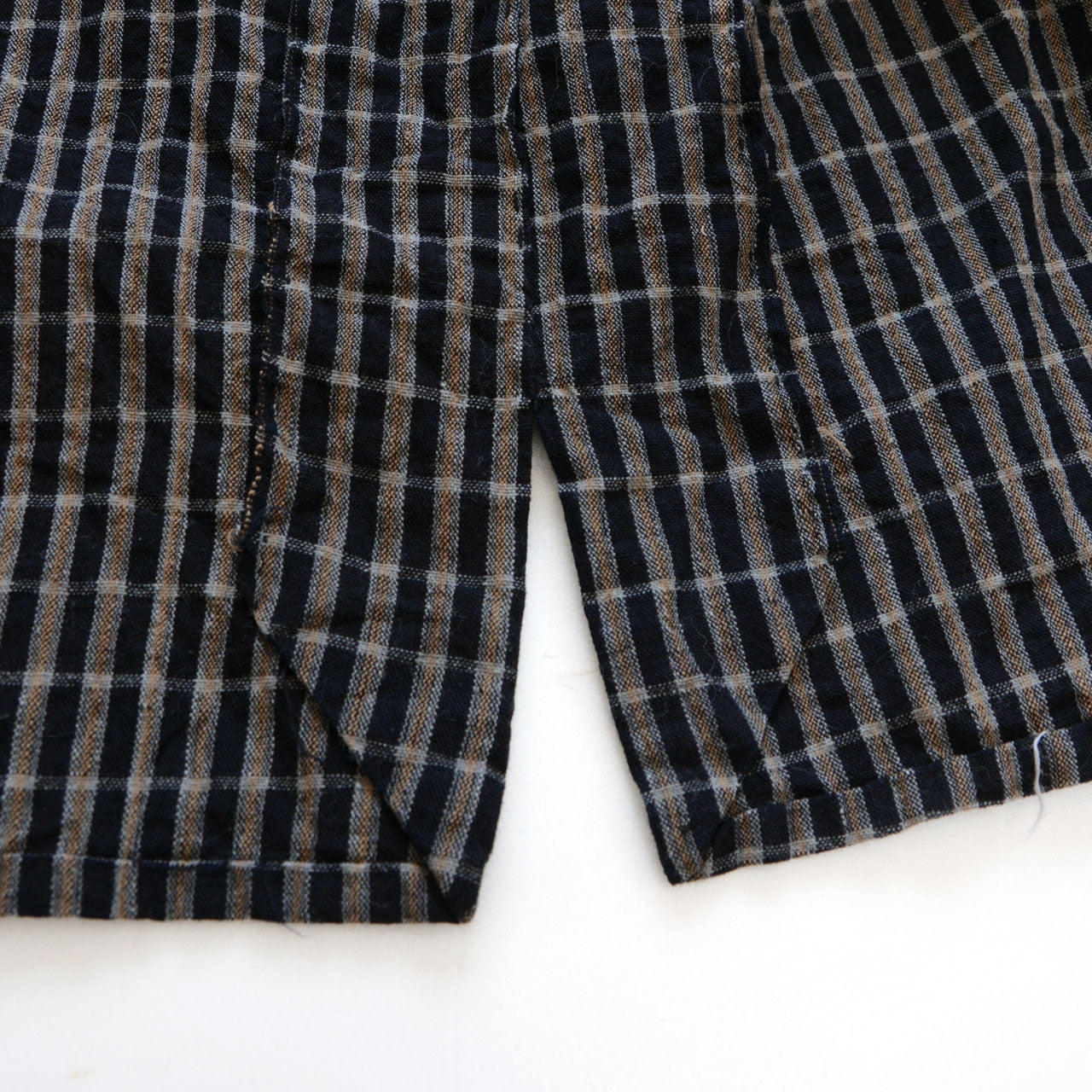 Vintage Japanese agricultural workwear, cotton plaid noragi, indigo collar, Tohoku origin