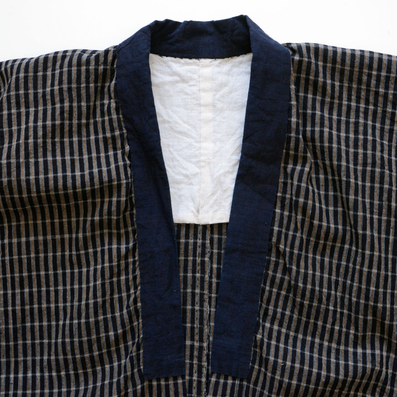 Showa period noragi, rare woven plaid cotton, indigo-dyed collar, tenugui lining detail