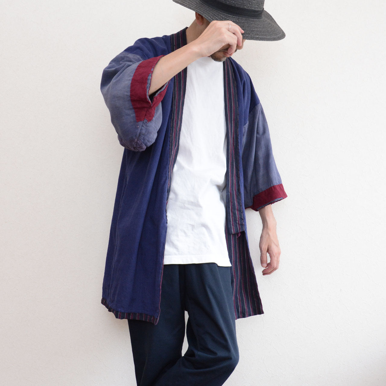 Model wearing a vintage Japanese noragi over a white T-shirt, three-quarter front view
