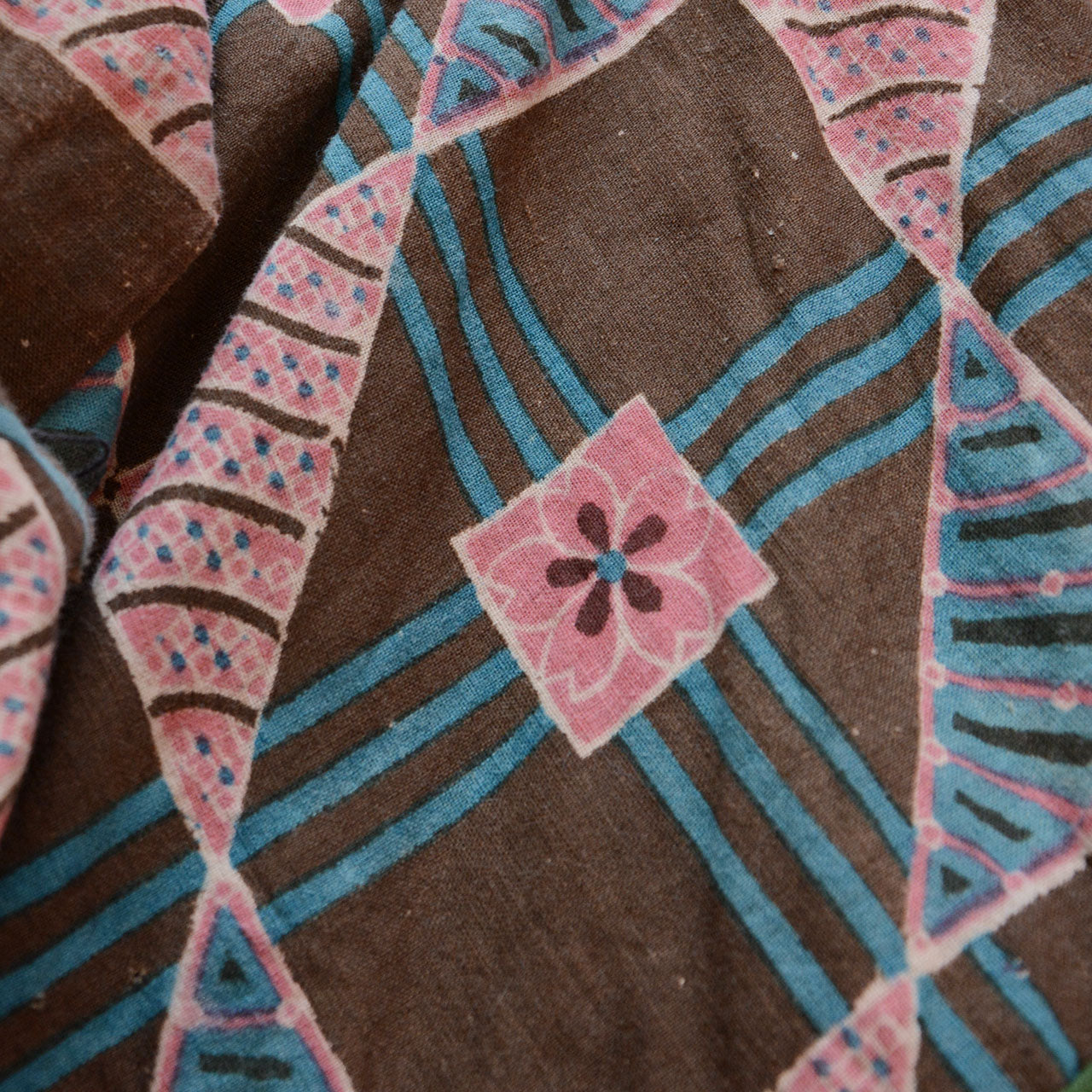Vintage Japanese noragi jacket, reverse side, floral cotton lining textile design detail, Showa era