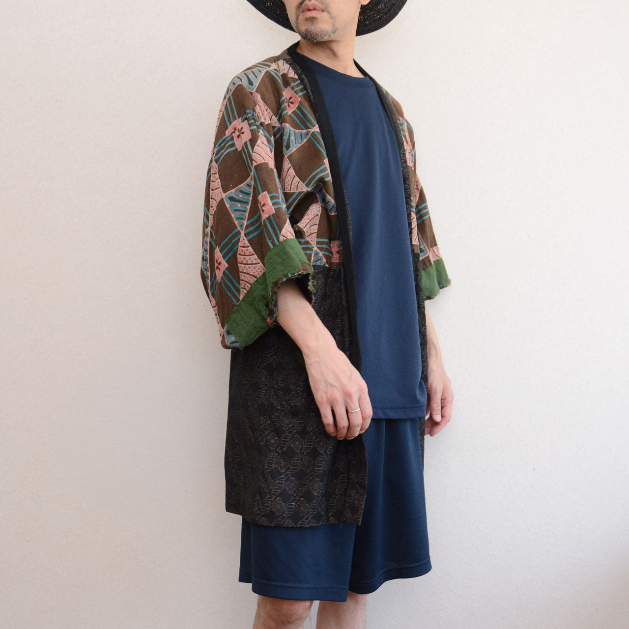 Vintage Japanese noragi jacket, worn by model, slight side angle view, Showa era