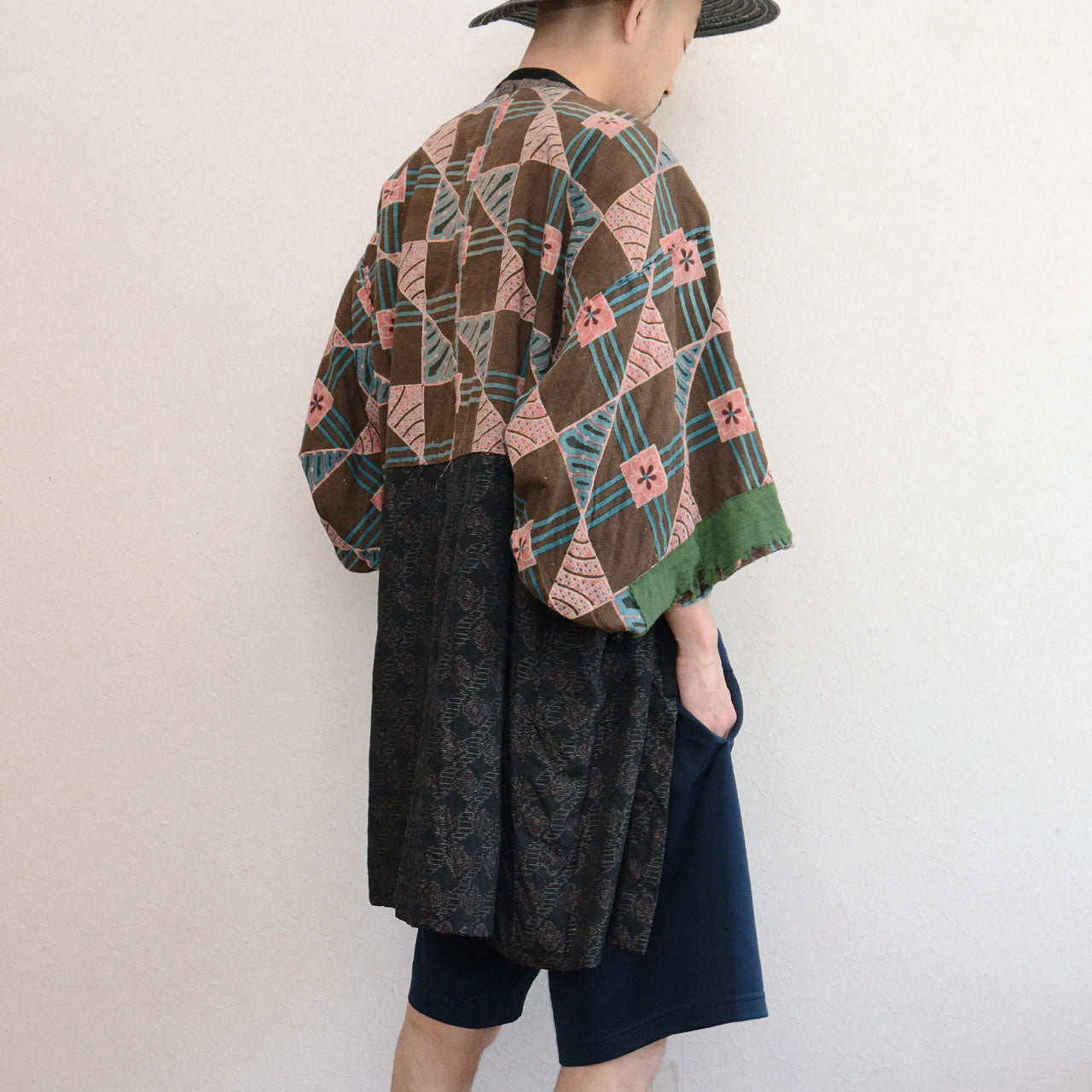 Vintage Japanese noragi jacket, worn by model, back view, Showa era