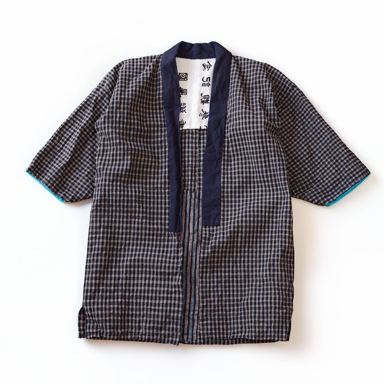 Mid-Showa era cotton noragi with plaid pattern and indigo-dyed collar, Japan vintage