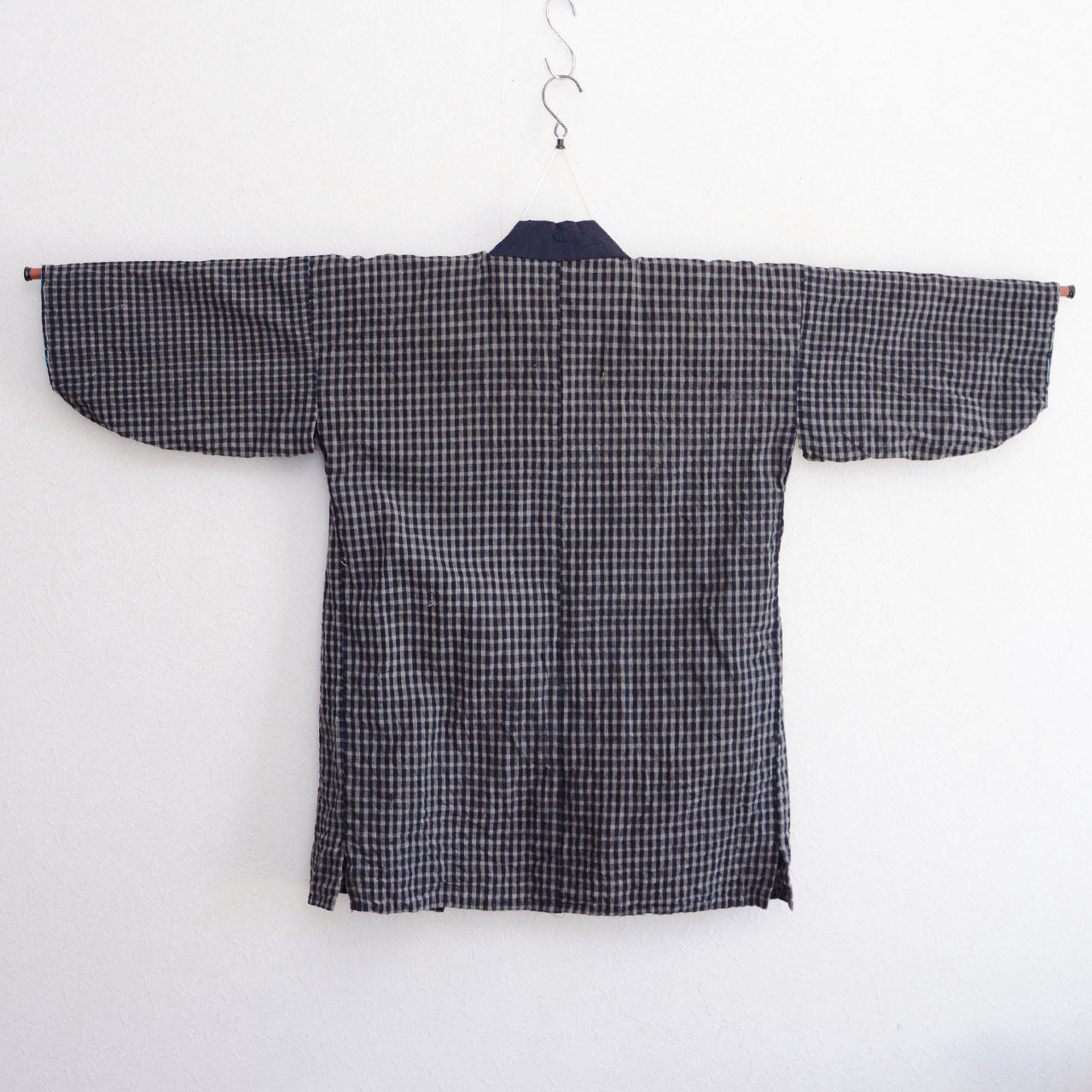 Vintage Japanese noragi, cotton, plaid pattern, indigo-dyed collar, mid-20th century