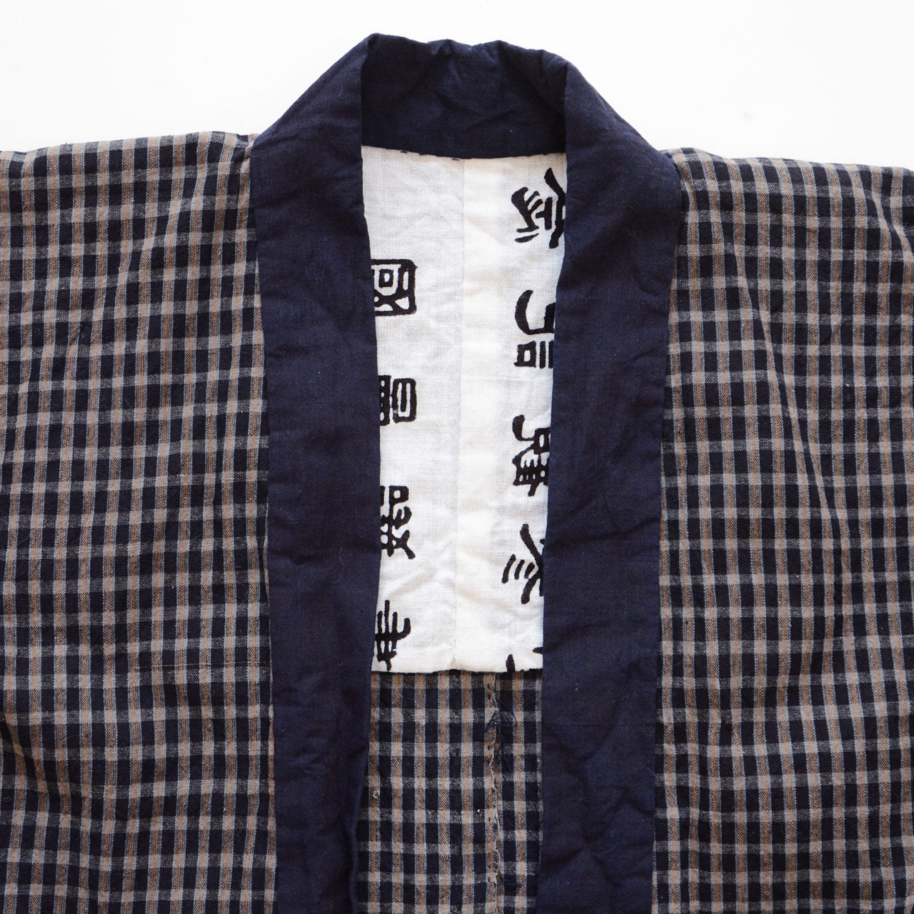 Cotton noragi with plaid pattern and indigo collar, vintage Japanese rural workwear, Showa period