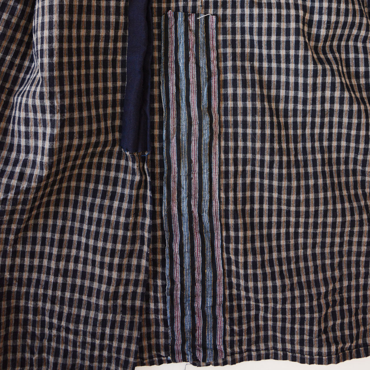 Vintage noragi, cotton plaid, indigo collar, tenugui lining, Japan vintage slow fashion