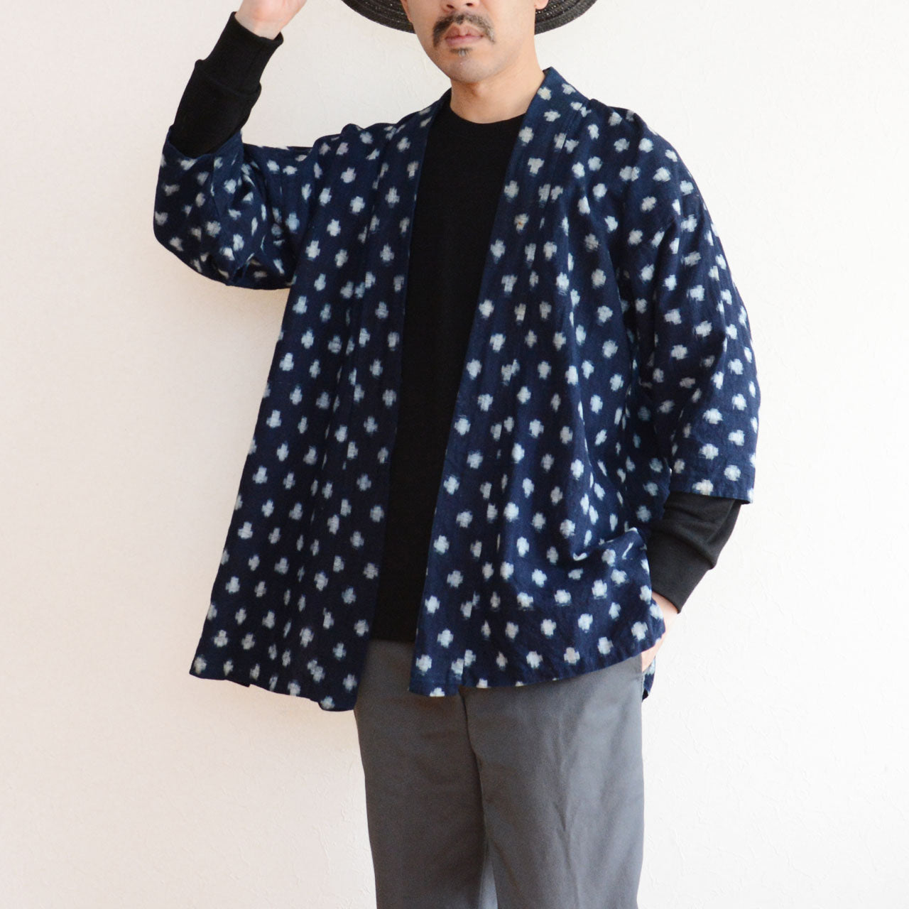 Japanese vintage textile jacket with unique dyeing and pattern.