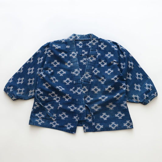 Indigo kasuri noragi jacket in diamond ikat cotton, Showa-era Japan vintage, front view
