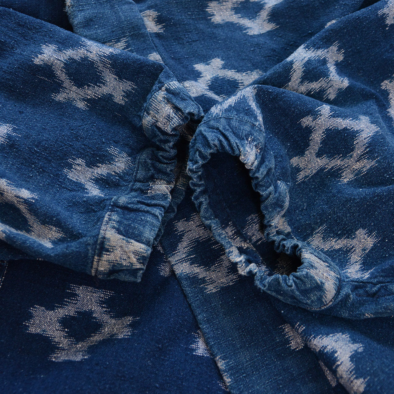 Elasticated cuff detail of indigo kasuri noragi jacket, diamond ikat cotton, Showa vintage