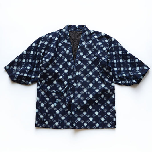 Mid-Showa Japanese vintage indigo cotton noragi uwappari jacket with white kasuri motifs and black lining