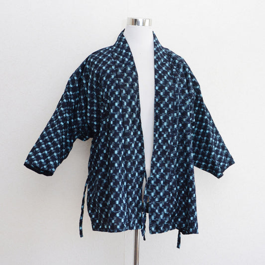Vintage Japanese noragi jacket in hand-woven indigo kasuri cotton, mid-Showa era