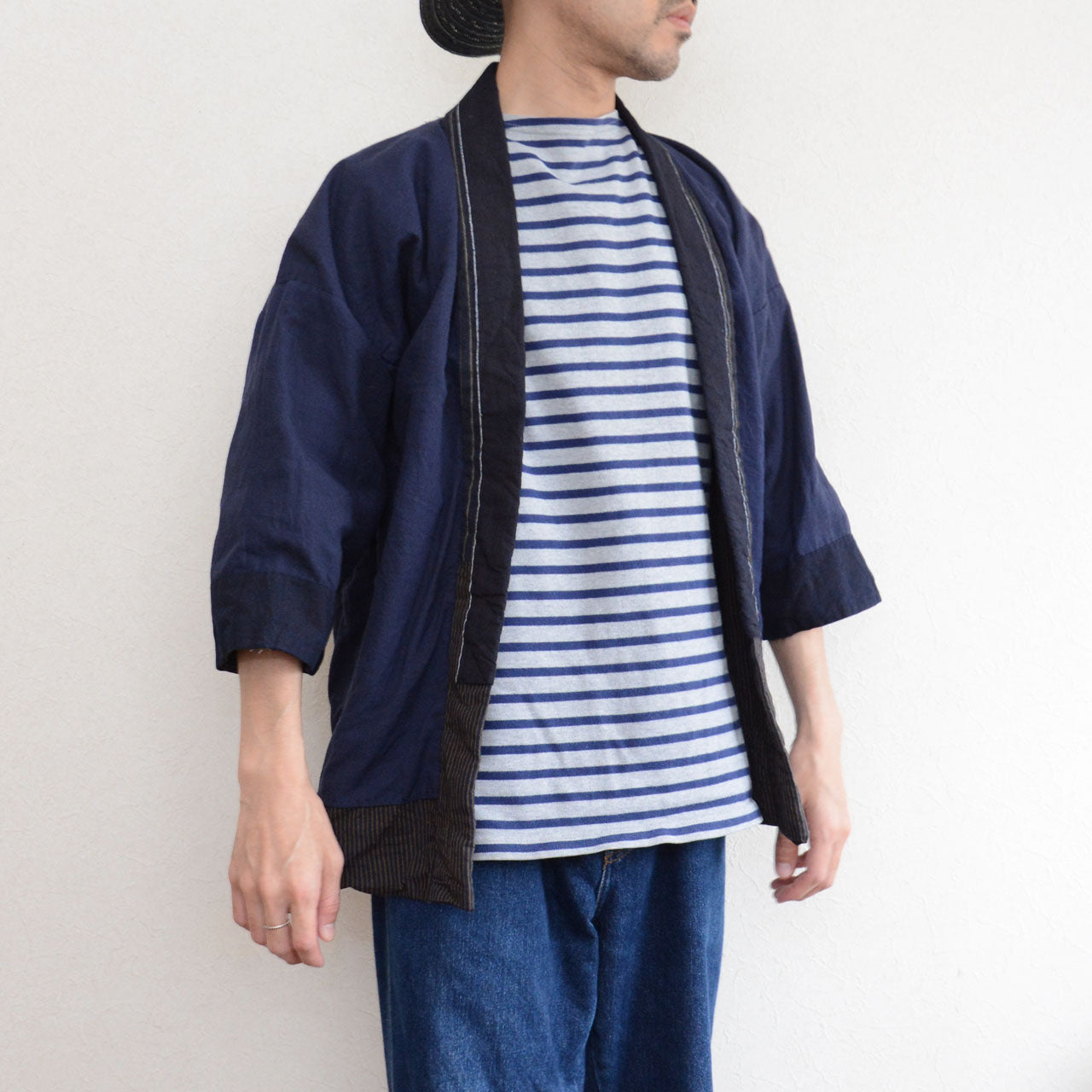 Indigo striped vintage Japanese workwear emphasizing traditional technique