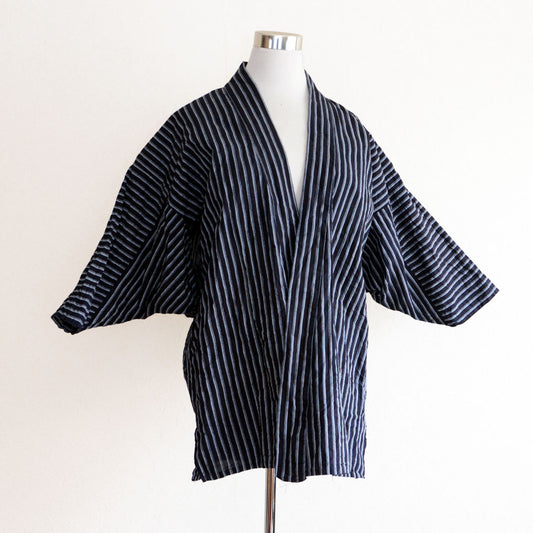 Vintage Japanese noragi workwear made of striped cotton fabric from the early to mid Showa era