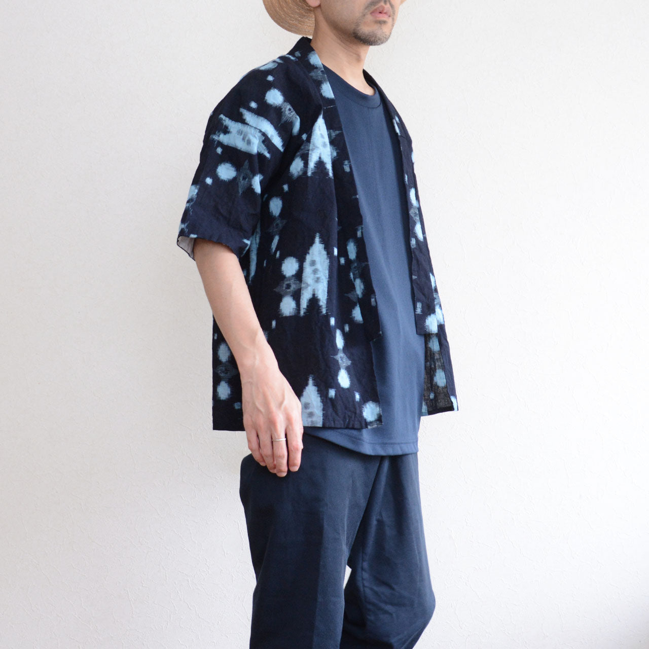 Vintage Japanese noragi jacket side view, showing silhouette and sleeve length, indigo kasuri cotton, model height 171cm