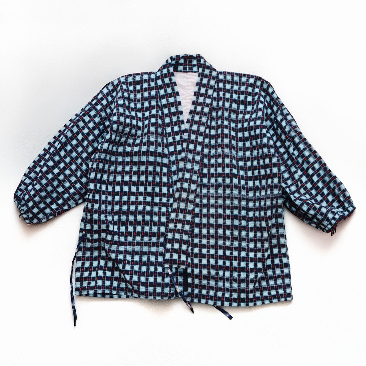 Vintage Japanese noragi uwappari work jacket, indigo-dyed check cotton, mid-Showa era, Tohoku Japan, 100% cotton, front view