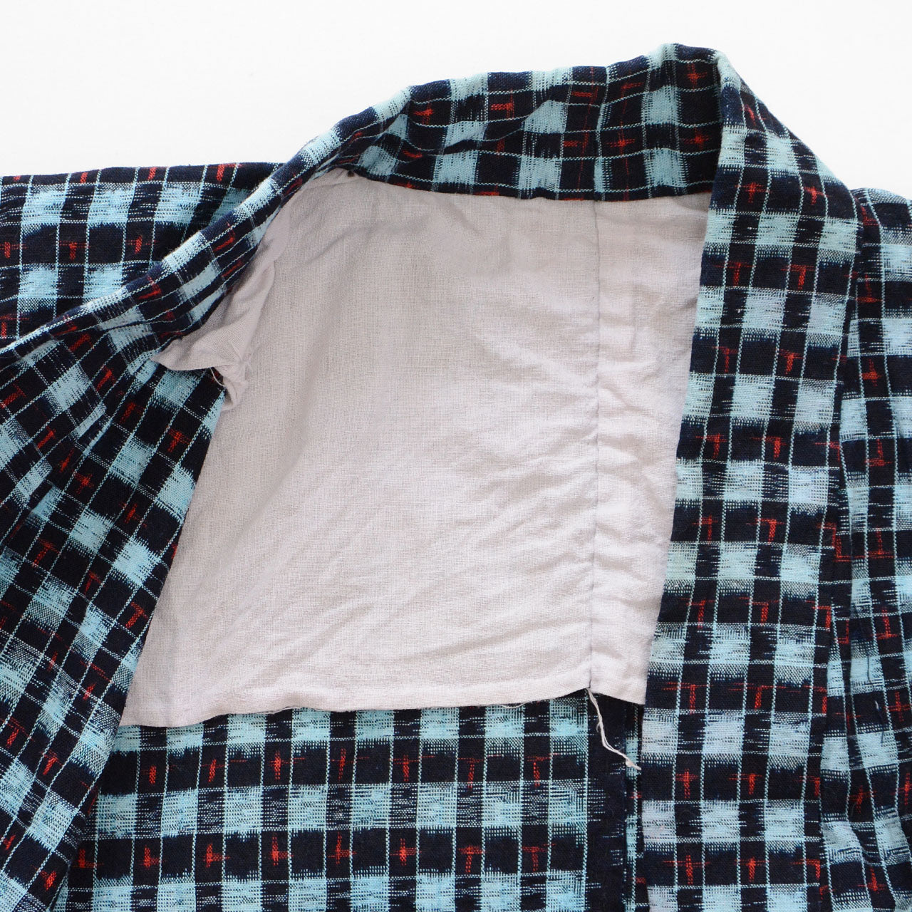 Lining detail of vintage Japanese noragi uwappari jacket, mid-Showa era, Tohoku Japan, cotton fabric interior