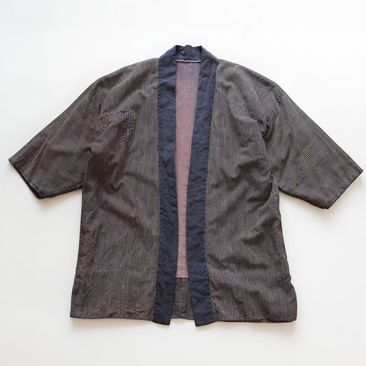Indigo stripe cotton noragi jacket, laid flat front view, early-mid Showa era Japan vintage boro