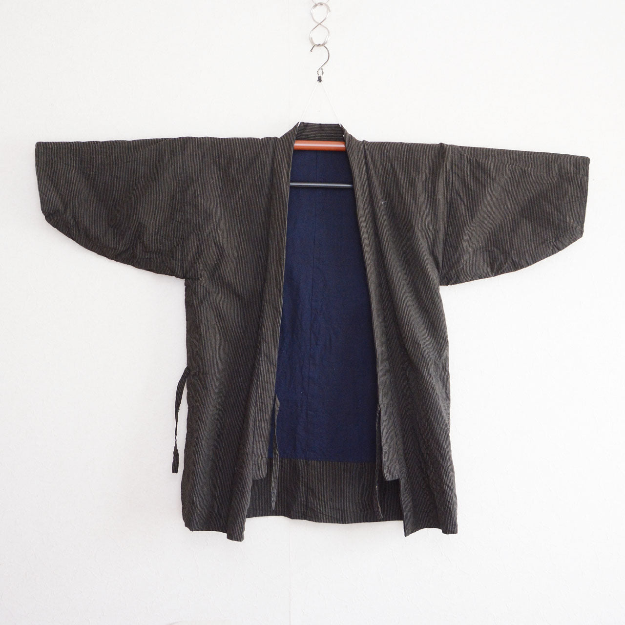 Vintage Japanese noragi jacket, cotton stripe exterior, front, kimono hanger