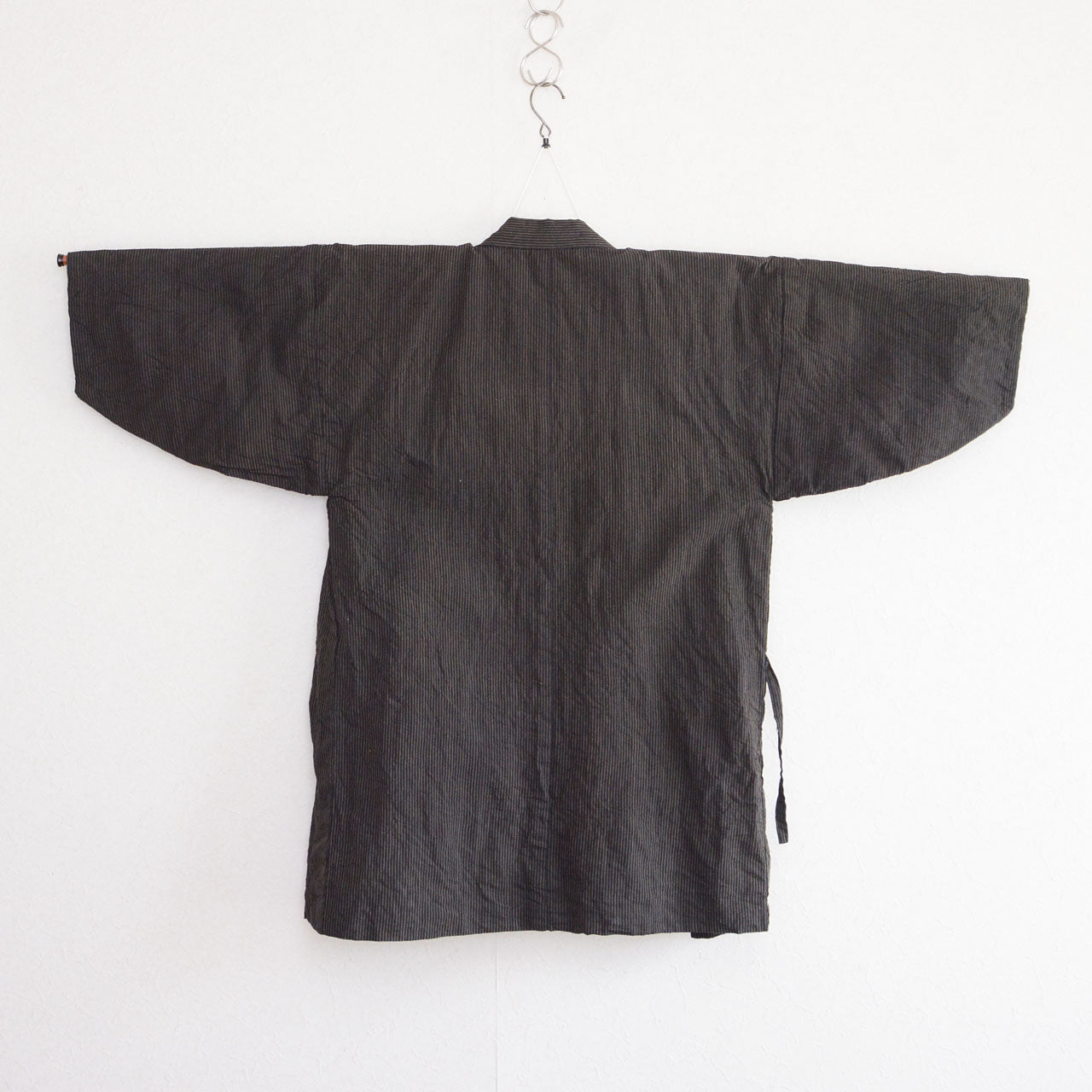 Vintage Japanese noragi jacket, cotton stripe exterior, back, kimono hanger