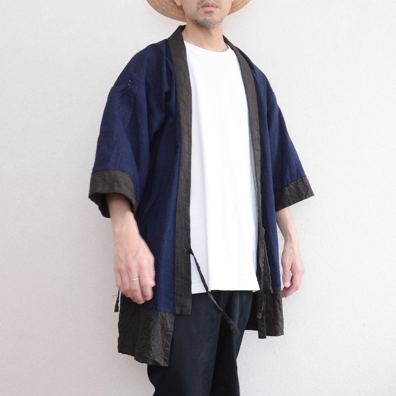 Noragi jacket, reversible stripe cotton, white t-shirt, front, model 171cm