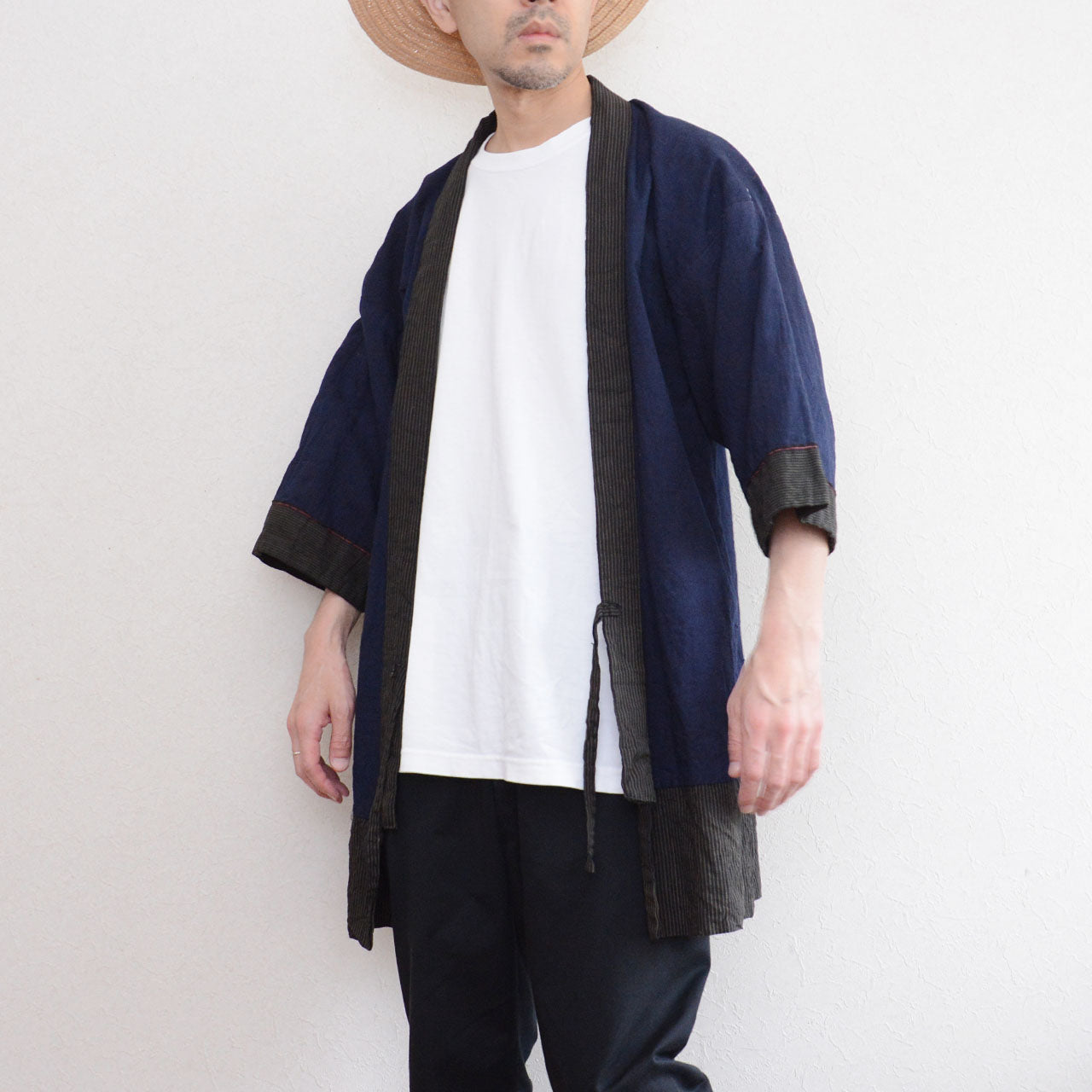 Noragi jacket, reversible stripe cotton, white t-shirt, slight angle, model 171cm