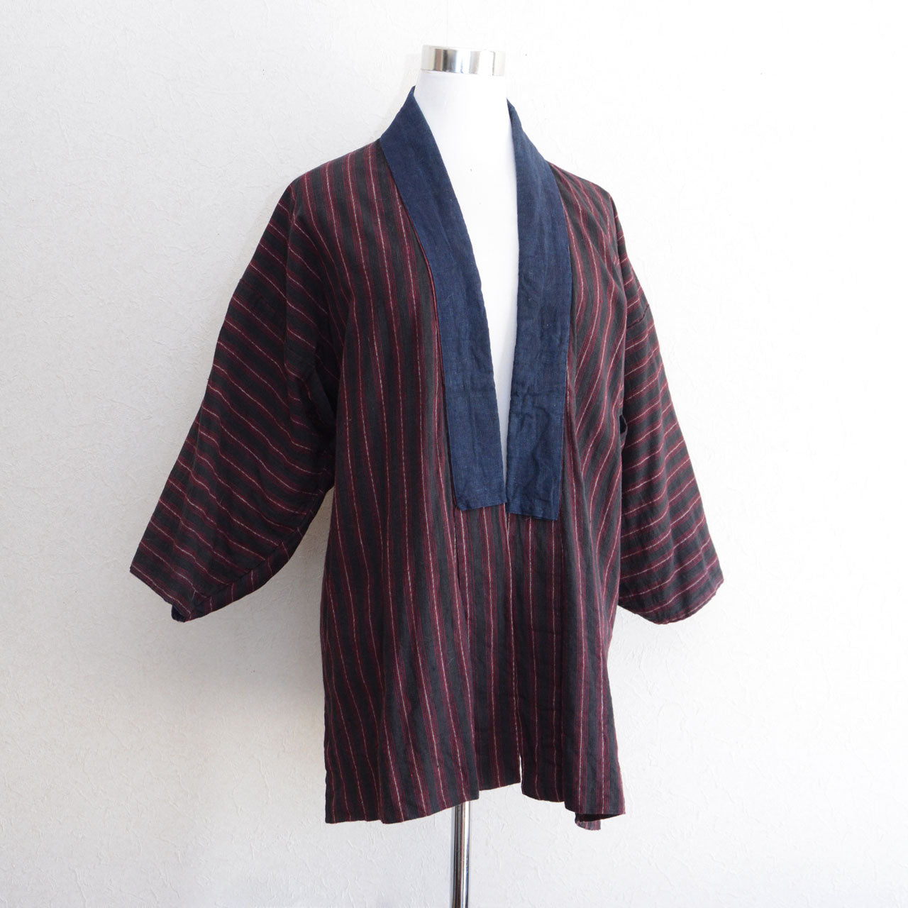 Japanese vintage Noragi jacket striped cotton textile indigo collar hand stitched fabric