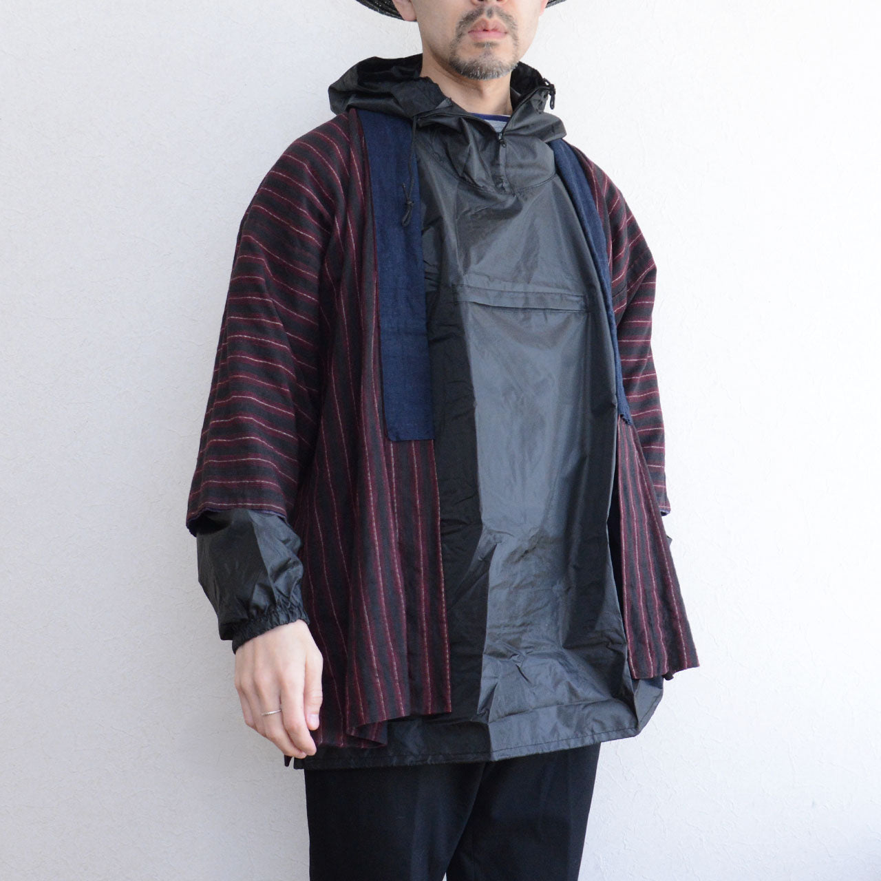 Japanese Noragi garment cotton striped textile with indigo collar