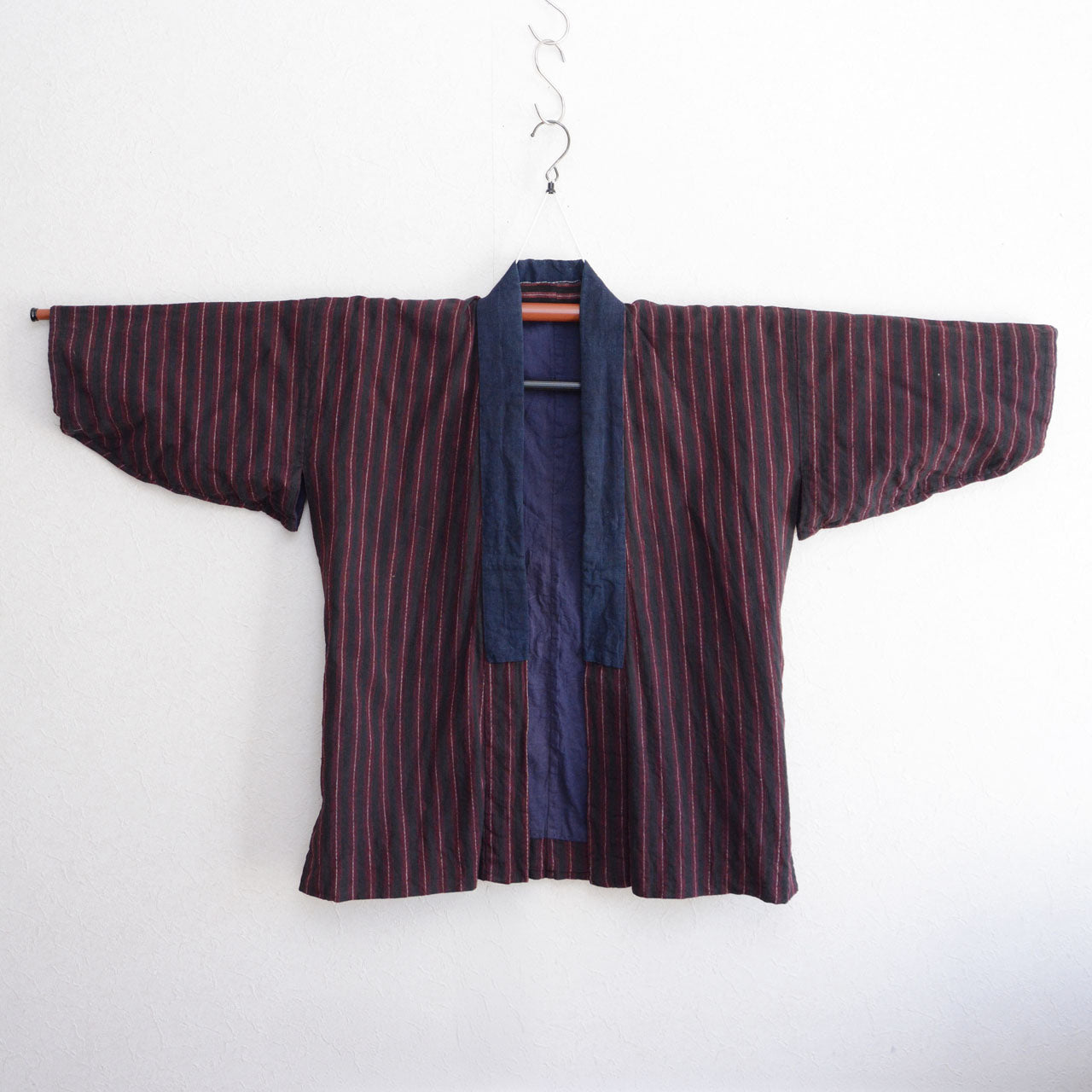 Japanese Noragi jacket striped cotton textile with indigo dyed collar