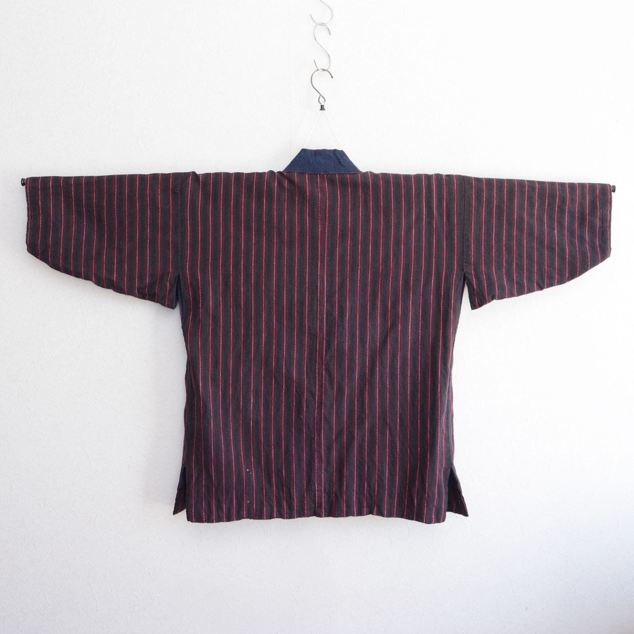 Vintage Japanese Noragi garment striped cotton fabric with indigo collar