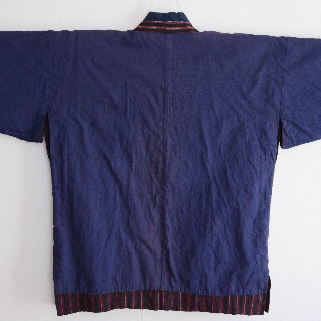 Japanese Noragi striped cotton textile with traditional hand stitching