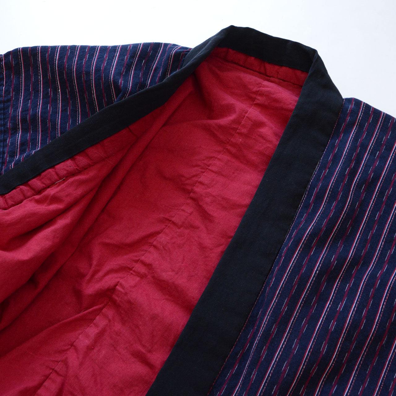 Maroon lining interior, navy cotton stripe noragi jacket