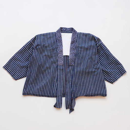 Cotton stripe noragi jacket, navy and white, Showa era Japan vintage, front view laid flat