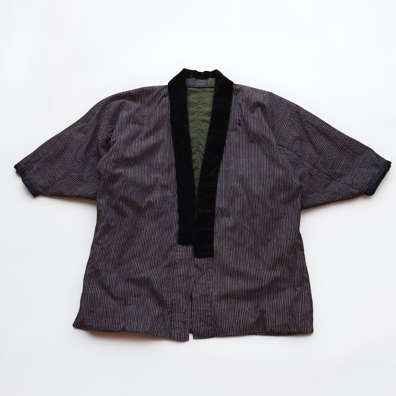 Vintage Japanese noragi jacket, vertical stripe cotton with black velvet collar and green lining, early Showa era