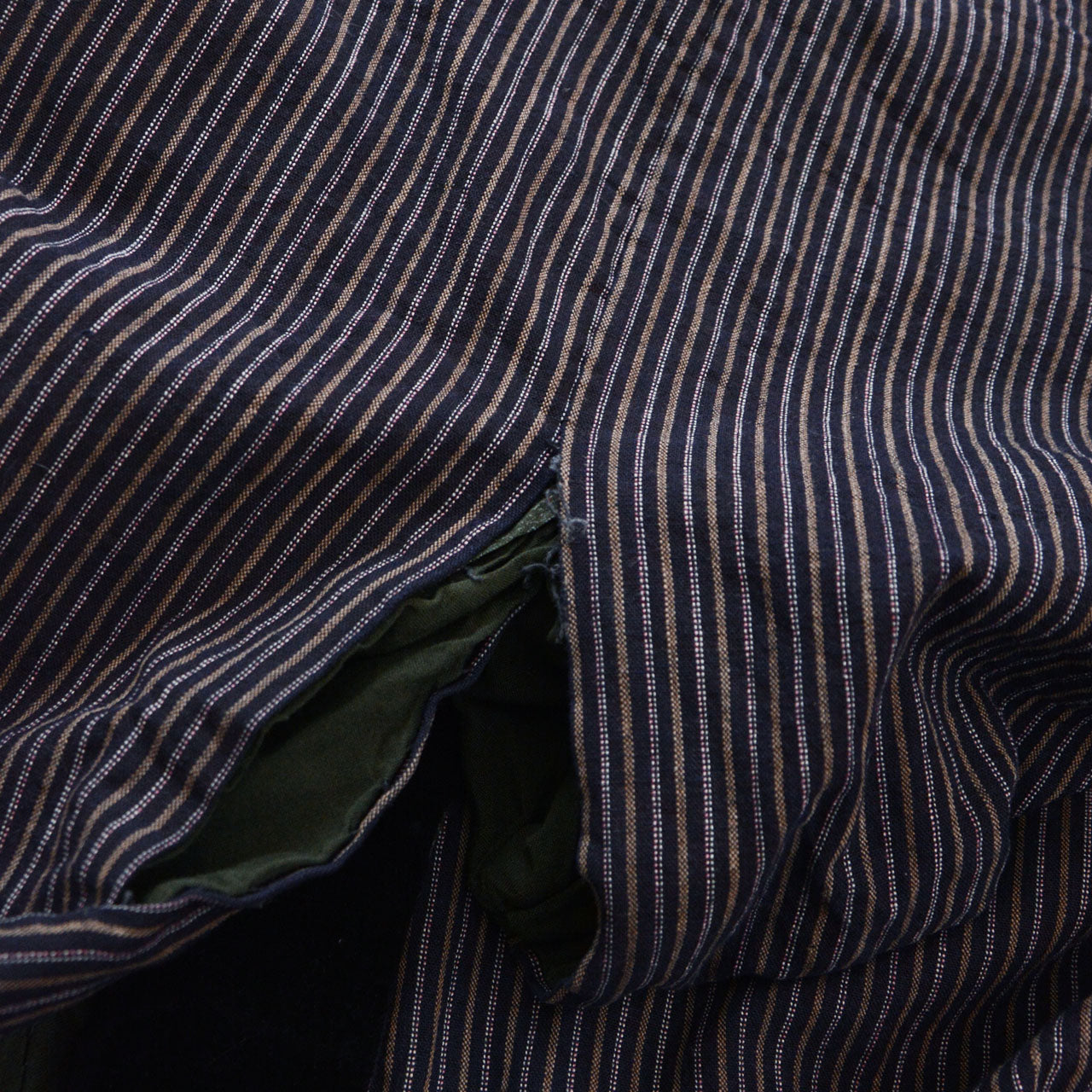 Miyatsuguchi opening of vintage Japanese noragi jacket, vertical stripe cotton, early Showa era