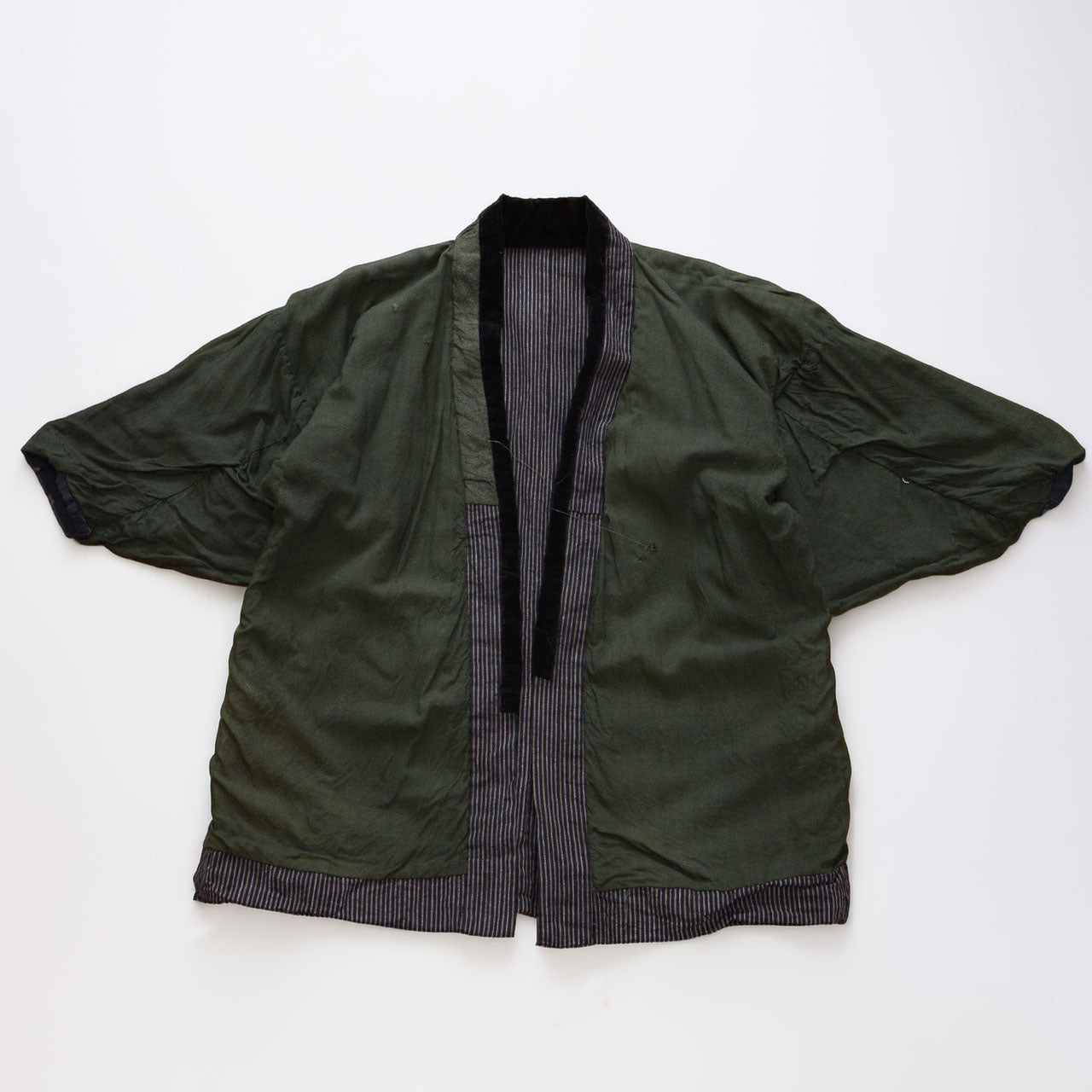 Vintage Japanese noragi jacket, green cotton lining side, vertical stripe cotton exterior, early Showa era