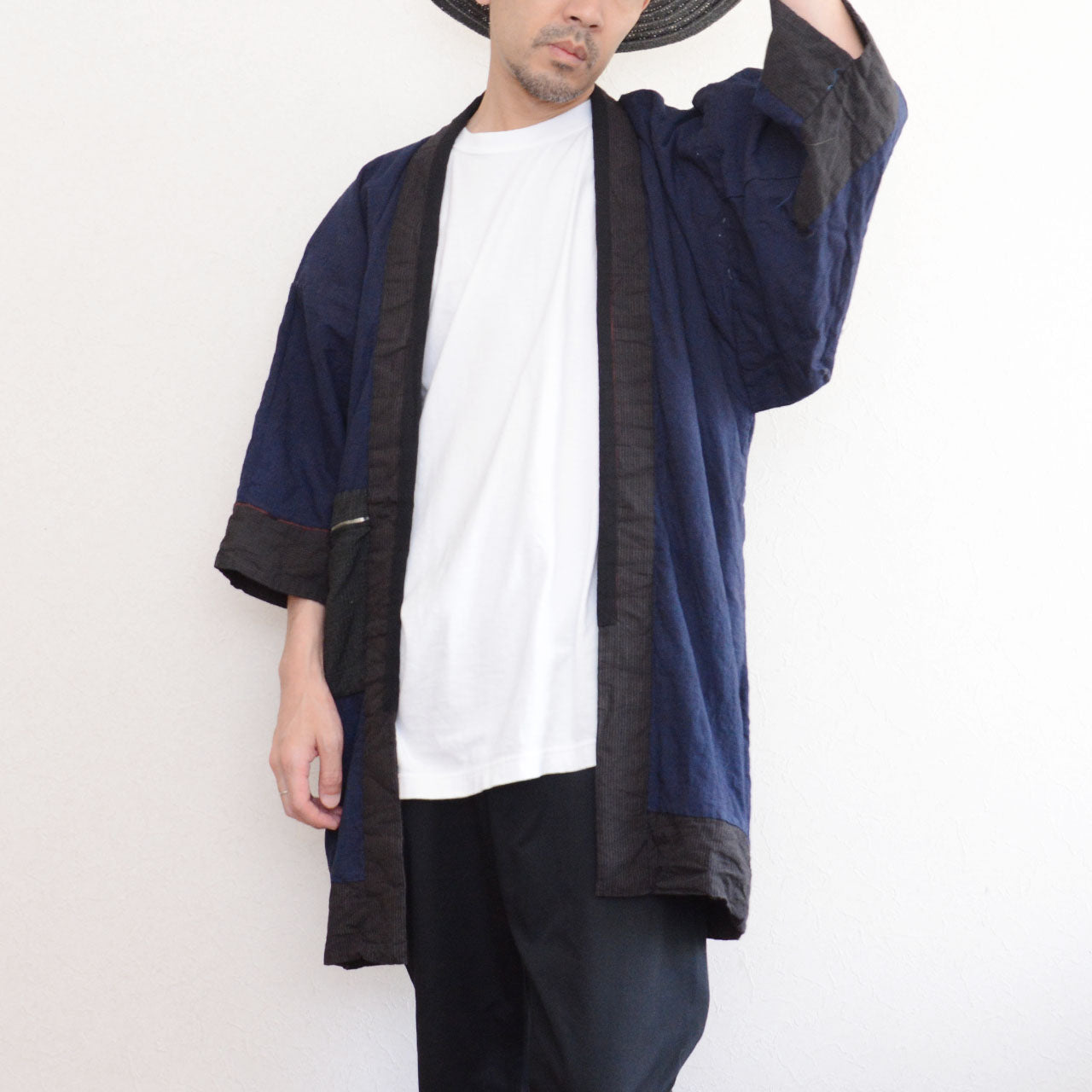 Vintage Japanese noragi work jacket styled with white tee, dynamic front view on model, mid-Showa era Japan vintage