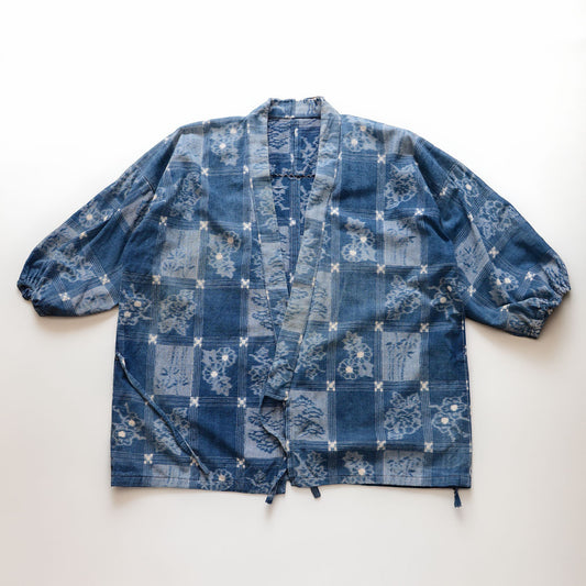 1950s–1960s Japanese vintage uwappari noragi jacket in indigo-dyed cotton with a grid pattern and floral and botanical motifs
